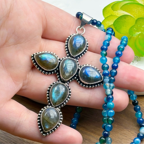 XL Flash Labradorite Cross Pendant Necklace Southwest Boho 925 Sterling Overlay - Picture 3 of 5